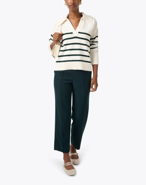 Veronica Beard Ivory and Green Striped Collared Knit Sweater for Effortless Style