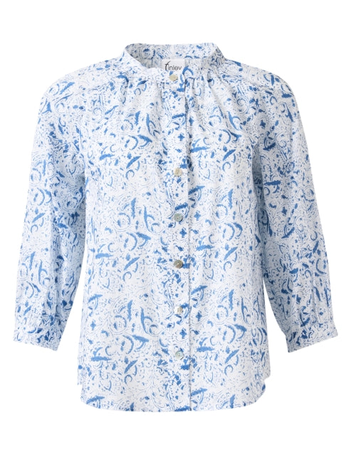 Meg Brand Blue and White Printed Cotton Button-Front Women's Top