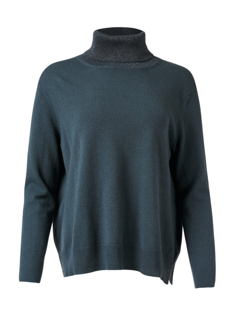 Fabiana Filippi Teal Shimmering Wool, Silk and Cashmere Turtleneck Sweater for a Chic Look