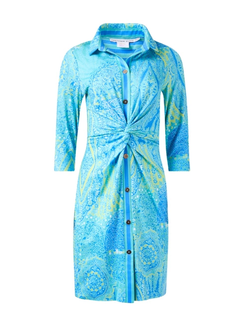 Intricate Turquoise Print Three - Quarter Sleeve Knee - Length Twist Dress