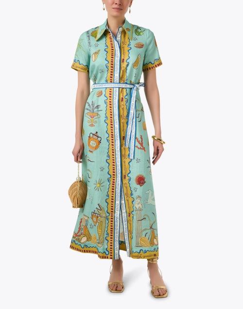 Stylish Linen Shirt Dress with Multi - colored Surrealist Prints
