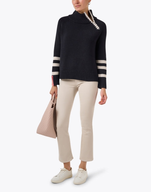 Stylish Black Zip-Up Sweater with Contrast Stitch and Ribbed Trim