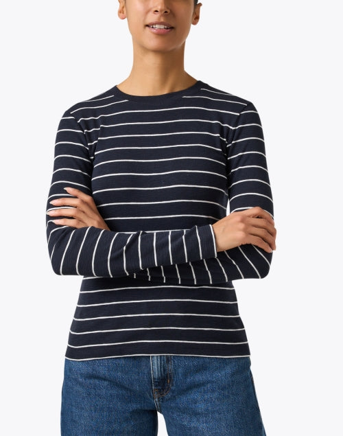 Stylish Navy and White Striped Women's Long Sleeve Top for Layering