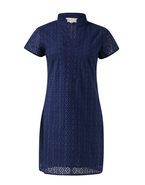 Navy Women's Eyelet Lace Tunic Style Dress for Transitional Seasons