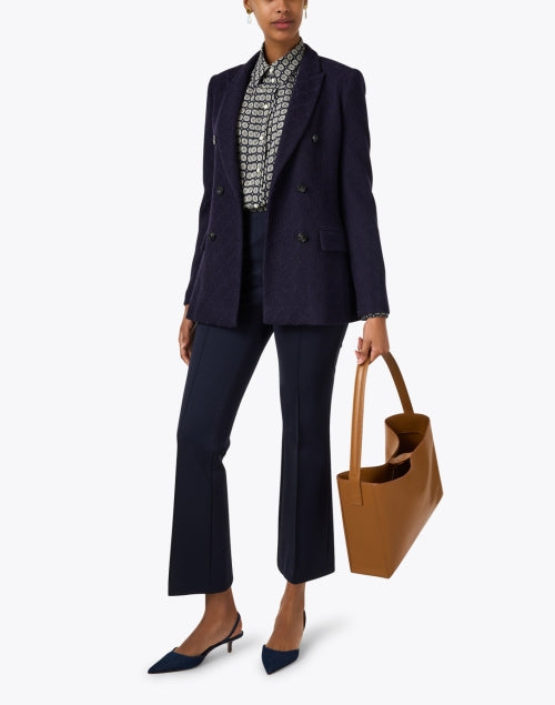 Stylish Navy Wool Blend Double Breasted Stitched Lattice Motif Blazer