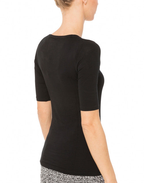 Stretchy Viscose Black Scoop Neck Top with Elbow Sleeves for Women's Fashion