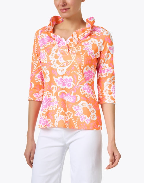 Stylish Orange and Pink Floral Print Ruffle Neck Women's Top