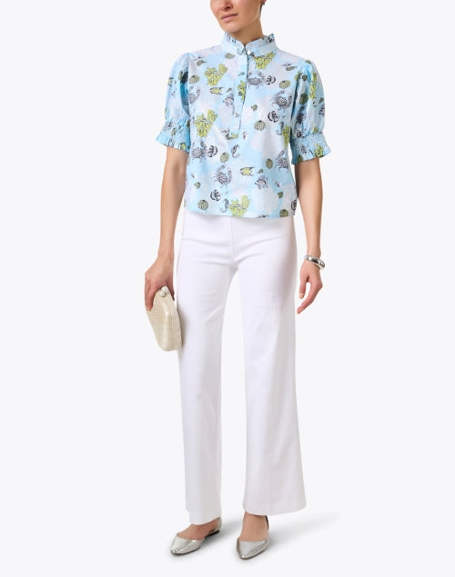 Orla Blue Reef Patterned Women's Cotton Top with Ruffle Neck and Puff Sleeves