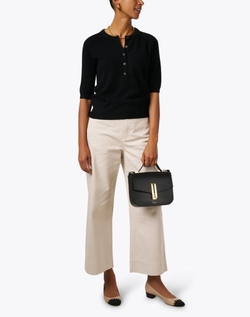 Stylish Black Cashmere Short - Sleeved Henley Top