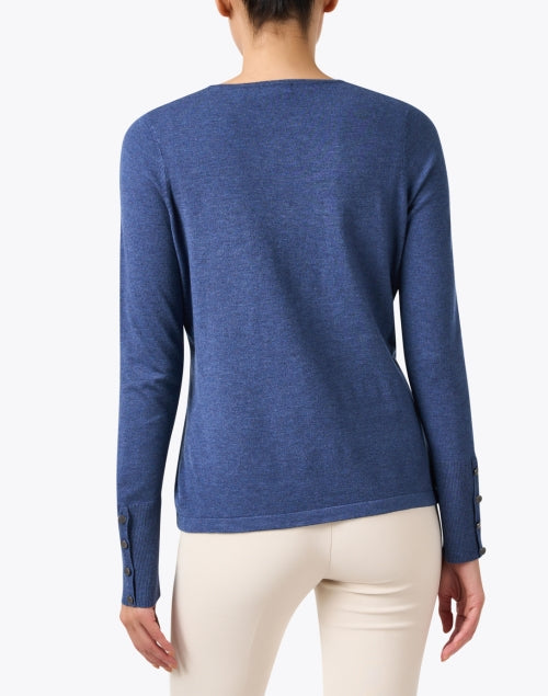 Stylish Indigo Knit Crew Neck Top with Button Cuff Detailing