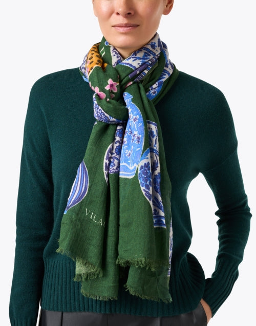 Vilagallo Lightweight Green Porcelain Print Foulard Scarf for Seasonal Styling