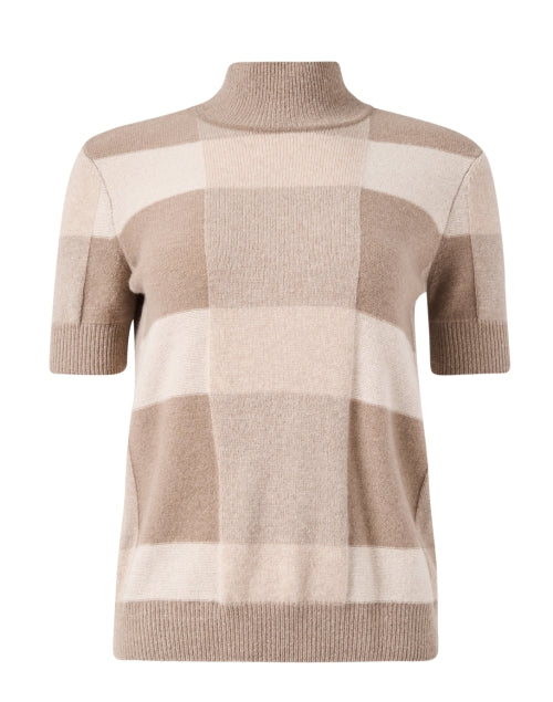 Beige Neutral Check Pattern Short Sleeve Wool Cashmere Blend Sweater