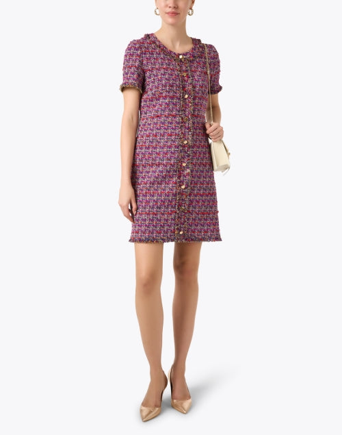 Santorelli's Shea-style Magenta Tweed Mini Dress with Fringe and Faux Gold Button Closure