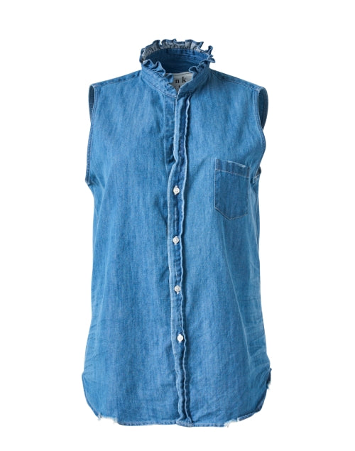 Comfortable Cotton Denim Fiona Sleeveless Blouse with Ruffle Collar