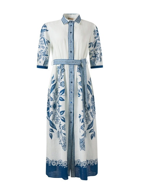 Stylish Blue and White Floral Patterned Linen Women's Summer Dress