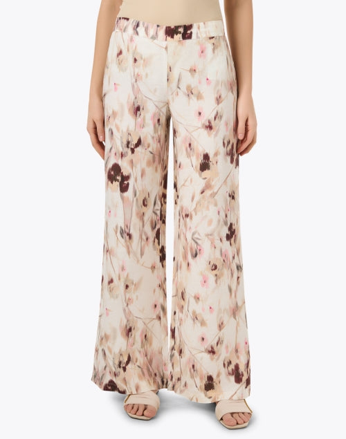 Pink Floral Print Relaxed Wide Leg Linen Beach Pants