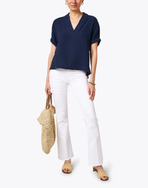 Navy Blue 100% Cotton Avery V - neck Top for Warm Weather