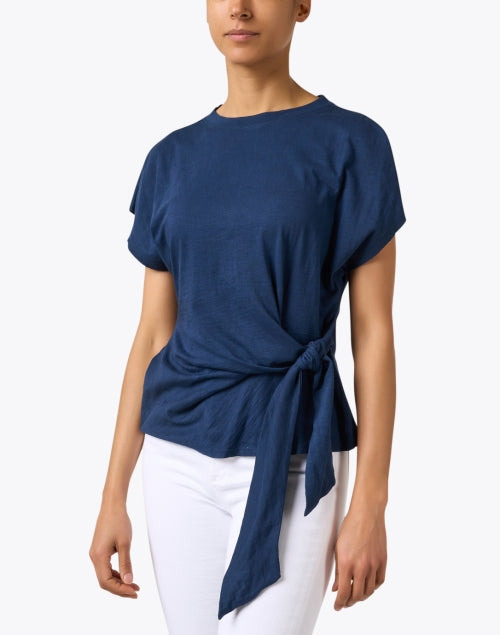 Navy Blue 100% Cotton Self - Tie Waist Nina Top for Effortless Style