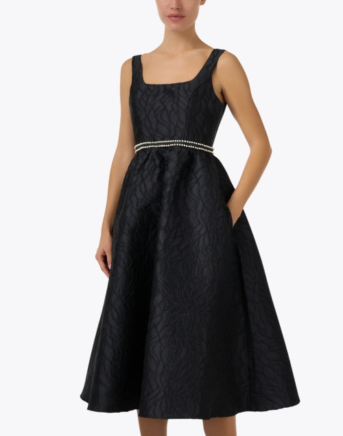 Abbey Glass Victoria Black Jacquard Fit-and-Flare Dress with Removable Pearl Belt