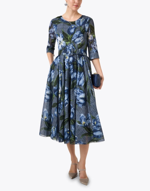 Stylish Aster Blue Floral Patterned Lightweight Stretch Cotton Women's Dress