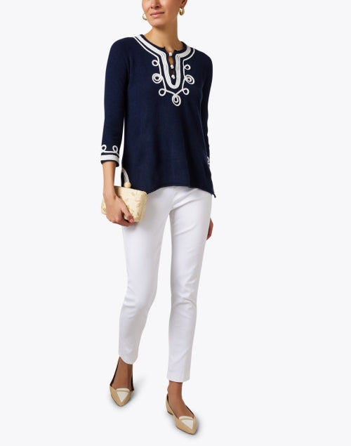 Stylish Navy Cashmere Calipso Top with Intricate White Embroidery