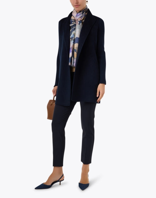 Stylish Navy Wool and Cashmere Blend Open - Front Coat