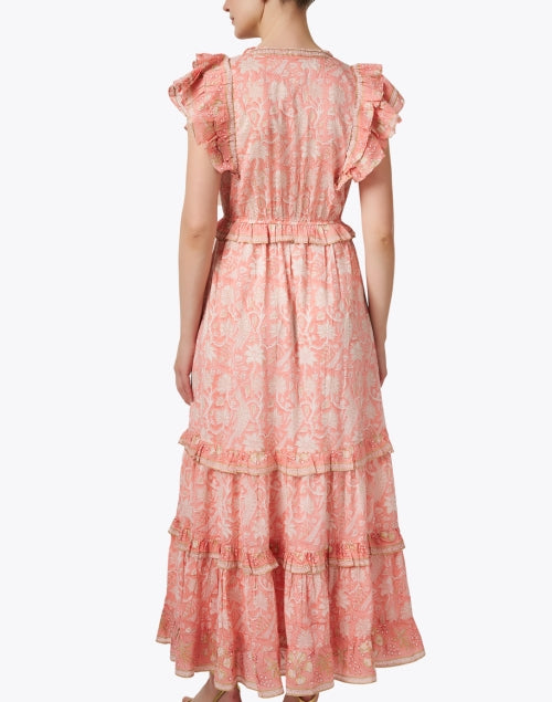 Luxurious Parisian Peach Floral Cotton-Silk Ruffled Dress