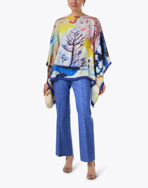 Elegant Multi - Tree Printed Cashmere Silk Poncho for a Classic Look