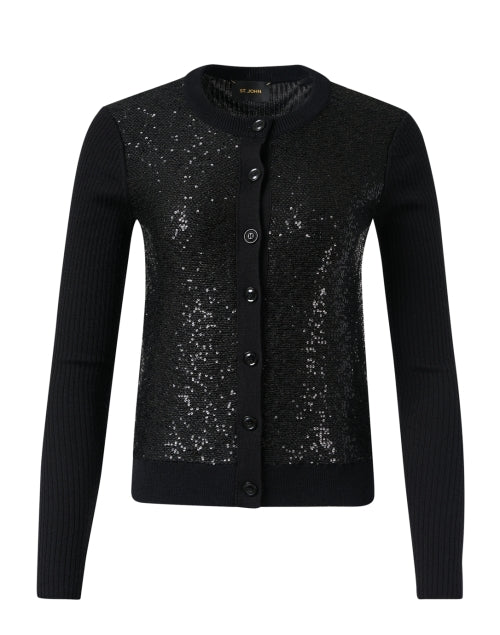 Stylish Black Sequin-Embellished Wool and Silk Blend Cardigan for Fashionable Wear