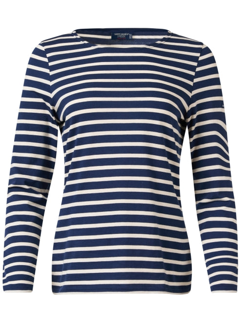 Luxurious Minquidame Navy and Off - White Striped Cotton Casual Top