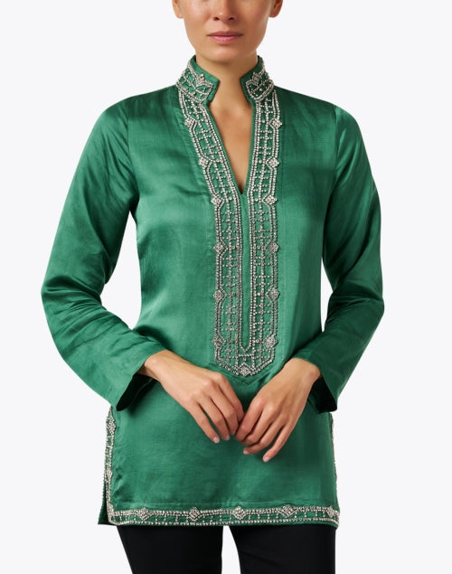 Elegant Marilyn Green Crystal-Embroidered Linen-Viscose Tunic Top