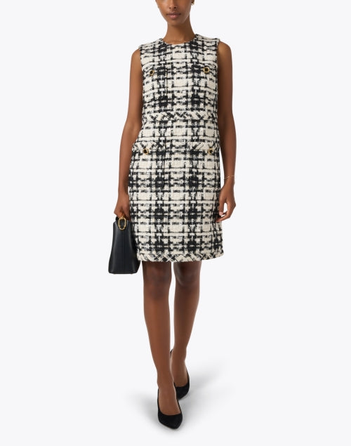 Stylish Black and White Checkered Tweed Mini Shift Dress for Women