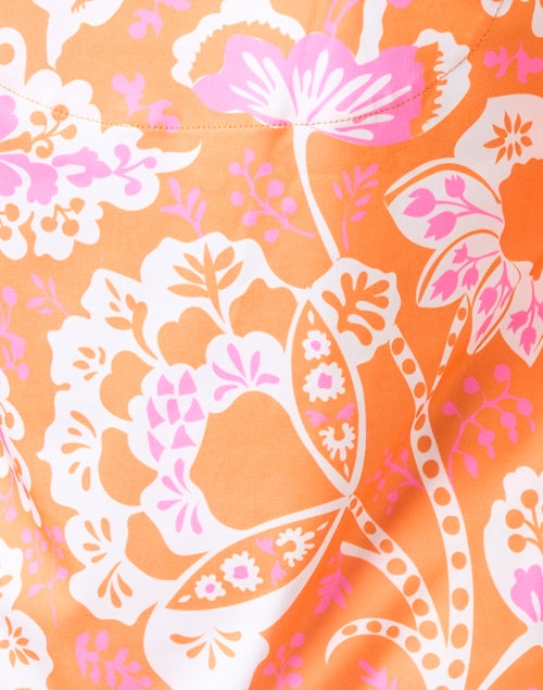 Stylish Orange and Pink Floral Print Ruffle Neck Women's Top