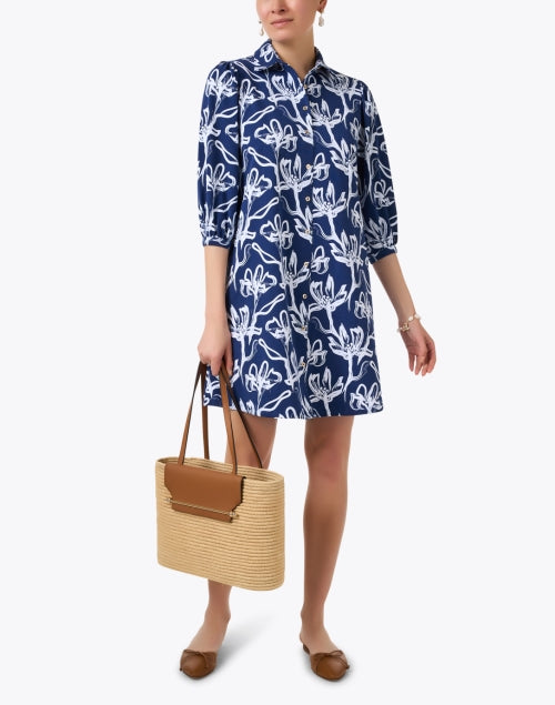Navy Floral Print Cotton Women's Shirt Dress by Ashlynn