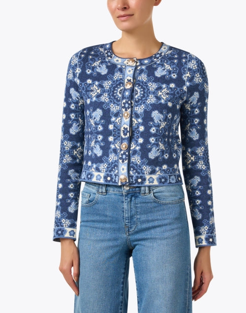 Livi Women's Blue Tile Pattern Knitted Cardigan with Delicate Gold Buttons
