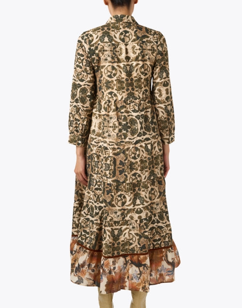 Ro's Garden Jinette Women's Brown Printed Tiered Cotton Shirt Dress for Transitional Weather