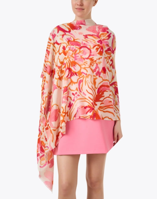 Exquisite Ivory and Pink Abstract Floral Print Wool-Silk Blend Scarf
