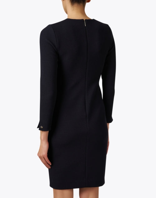 Stylish Navy Blue Cotton Blend Sheath Mini Dress with Gold Chain Neckline