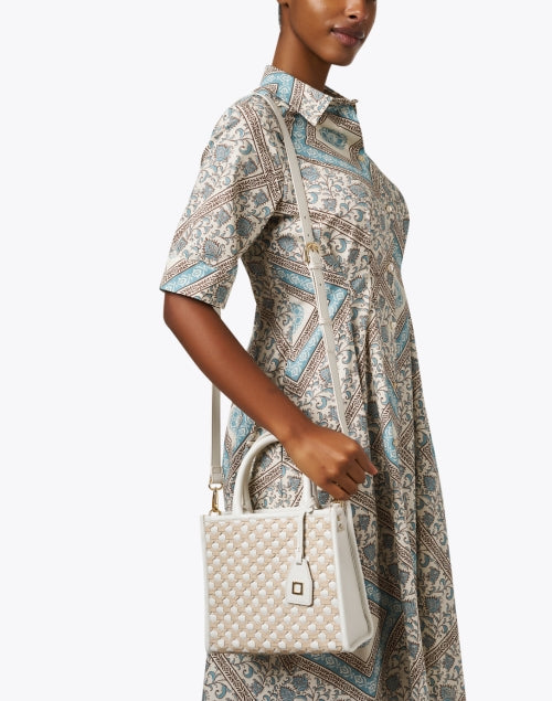 Elegant Ayesha White and Tan Leather Handheld Tote Bag