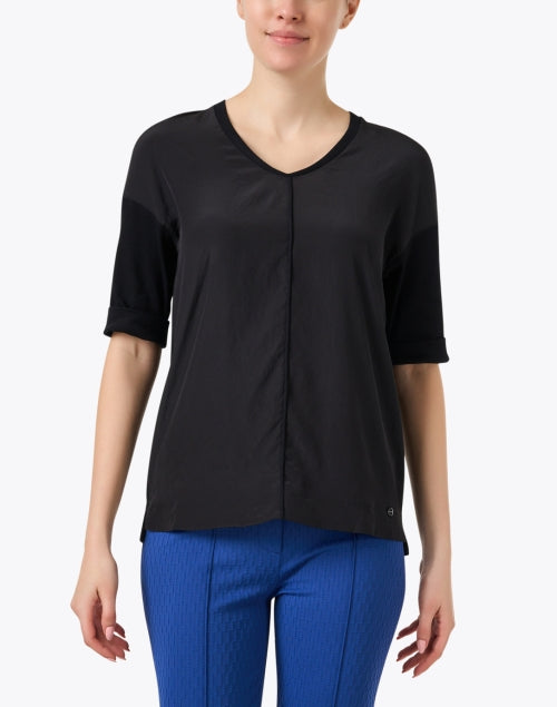 Stretchy Black Cotton Blend Knit V-Neck Top for Modern Women
