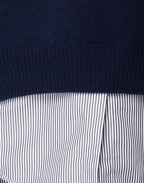 Stylish Navy Cashmere Blend Sweater with Striped Underlayer Design