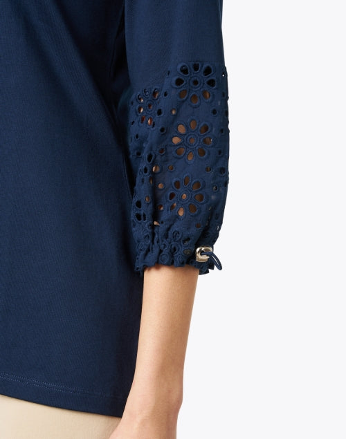 Navy Stretch Pima Cotton Top with Eyelet Cuff Detailing on 3/4 Sleeves