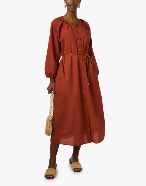 Italian-Made 100% Cotton Caldes Rust-Colored Casual Shirt-Style Dress