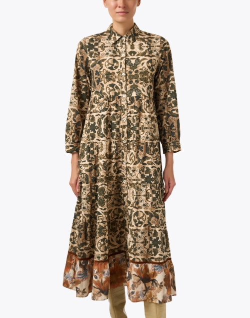 Ro's Garden Jinette Women's Brown Printed Tiered Cotton Shirt Dress for Transitional Weather