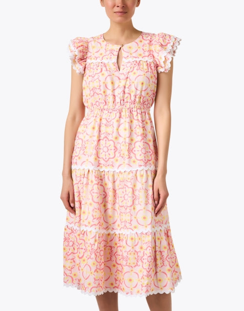Sail to Sable Pink Medallion Patterned Ric Rac Trimmed Linen Blend Tiered Dress