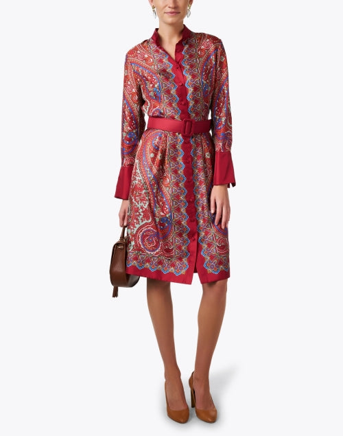 Stylish Red Paisley Patterned Silk Women's Shirt Dress