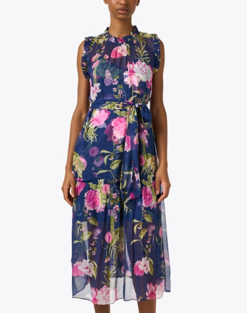 Navy Printed Silk Gemma Evening Dress for Women