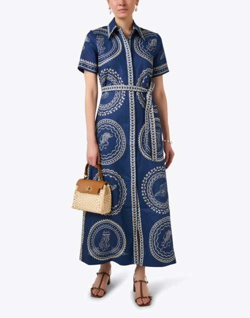 Navy Colored Printed Linen Women's Shirt Style Dress