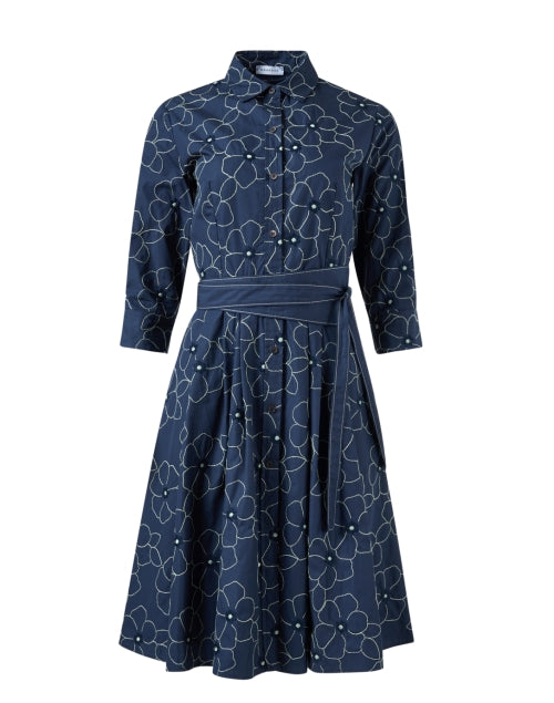 Navy Blue Floral Embroidered Cotton Blend Shirt Dress