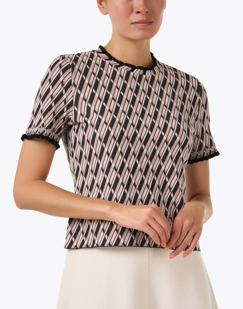 Stylish Wool-Cotton Blend Geometric Print Short-Sleeve Ruffle Top